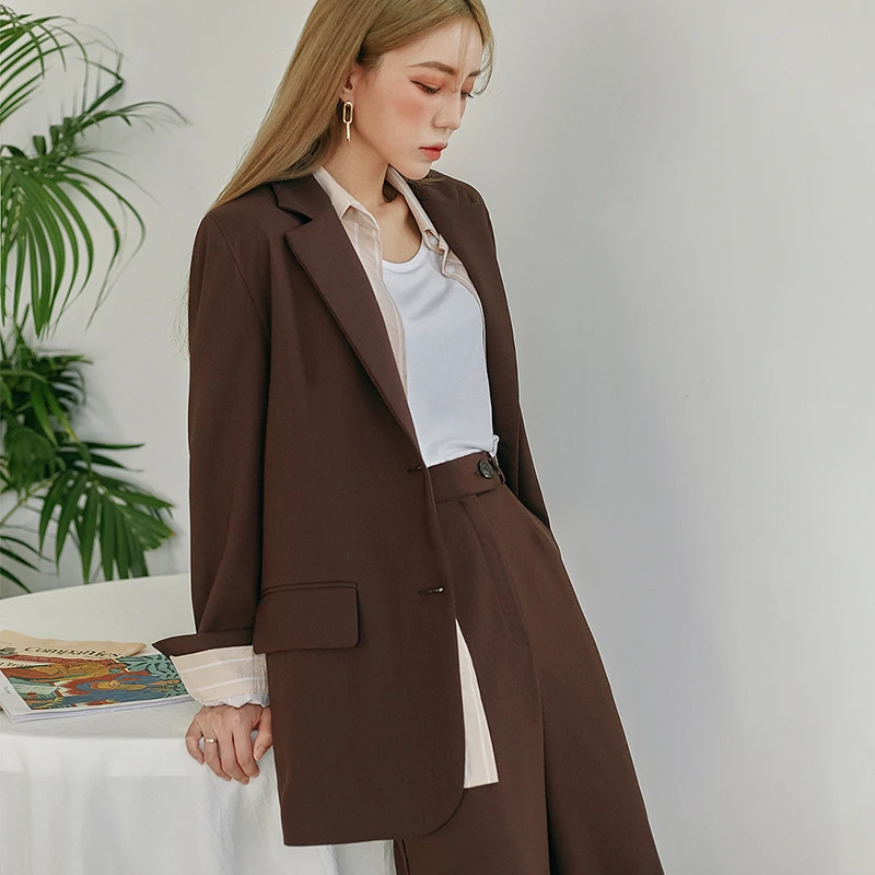 Винтаж Для женщин брюки костюм One Button Blazer куртка и эластичный пояс широкую ногу 2018