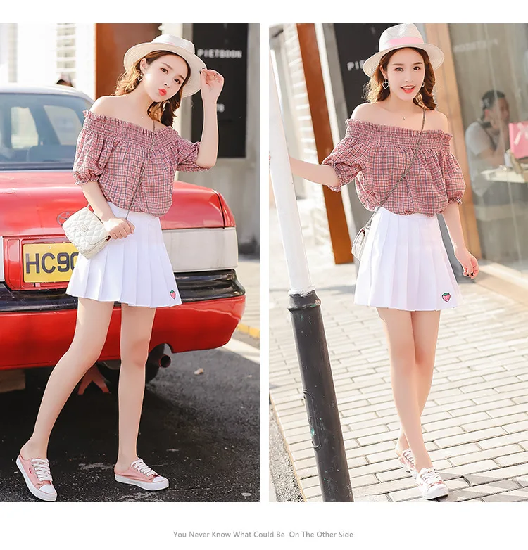 Харадзюку каваи клубника Вышивка юбка плиссированная женская летняя сексуальная высокая талия мини юбка школьницы уличная юбка Tumblr