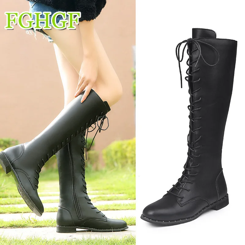 Большой Size35-43 Сапоги до колена на шнуровке Для женщин осень из мягкой кожи
