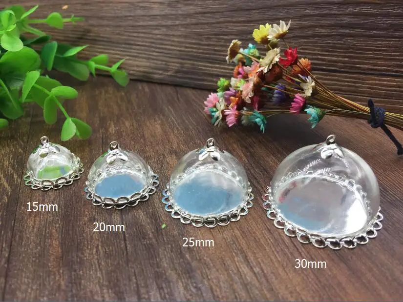

50sets 15/20/25/30mm half round glass globes cover diy silver plated double lace edge base tray vial pendants jewelry finding