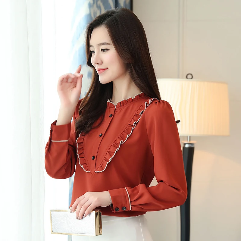 Весна 2020 Новая модная женская шифоновая блузка с длинным рукавом и воротником