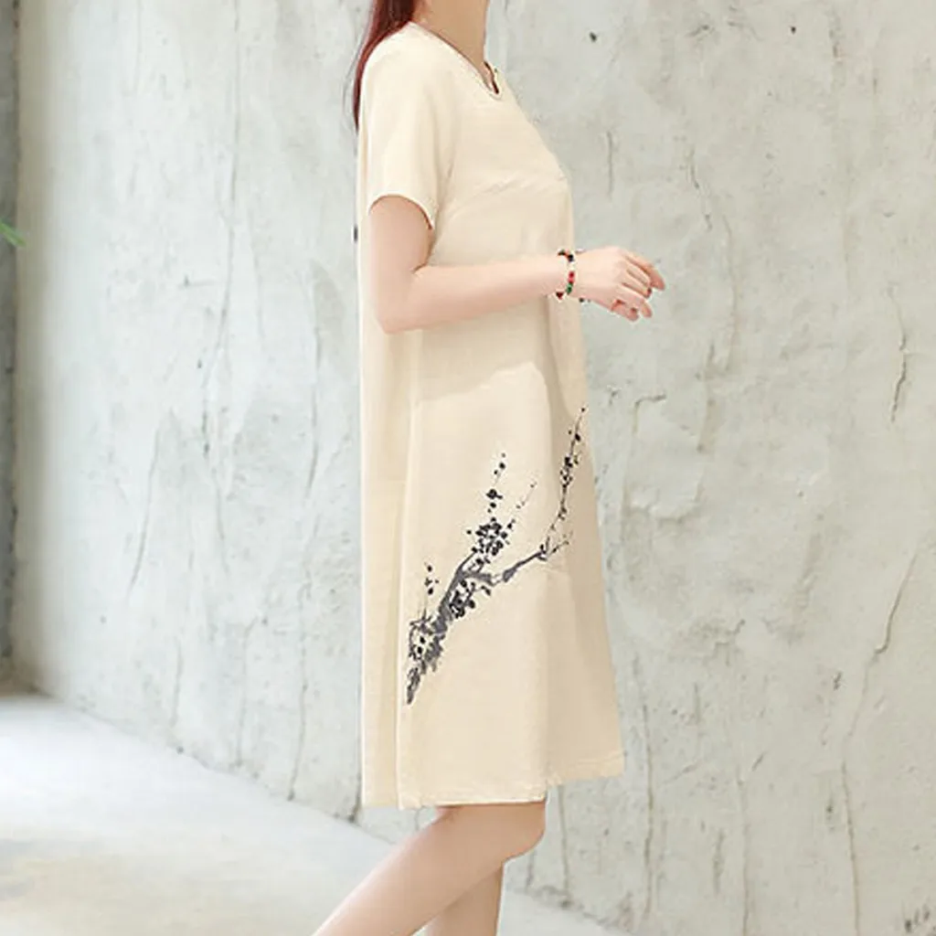 Женское свободное богемное платье с коротким рукавом и принтом летнее до колена