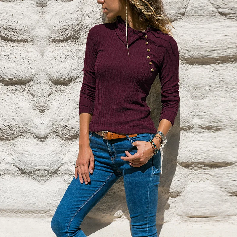 Spring 2019 Fashion Women Sweaters and Pullovers Long Sleeve Blouse Knitt Sweater Turn-down Collar Button Casual Top N410 | Женская