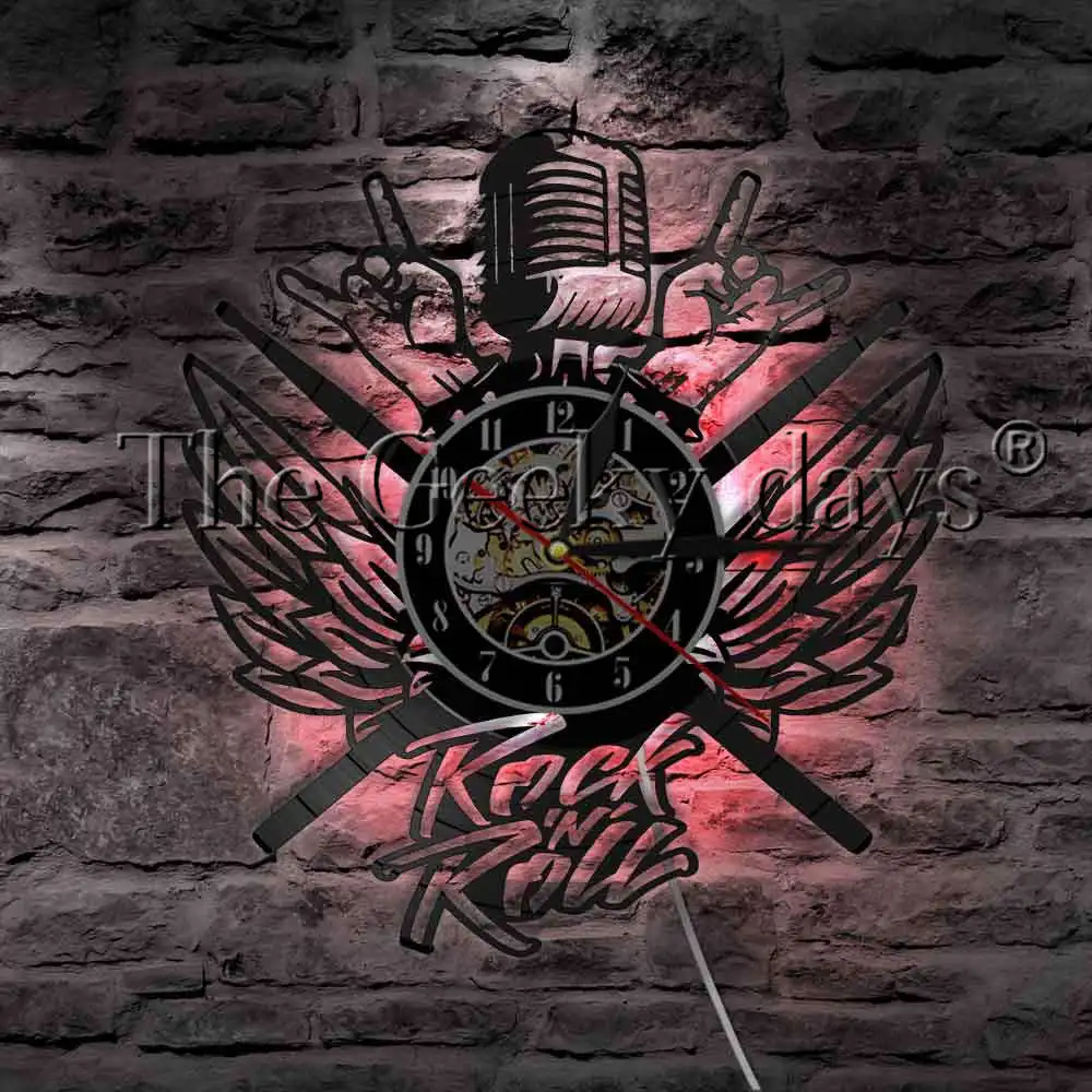 Рок микрофон Heavy Metal музыка виниловых пластинок настенные часы с светодиодный
