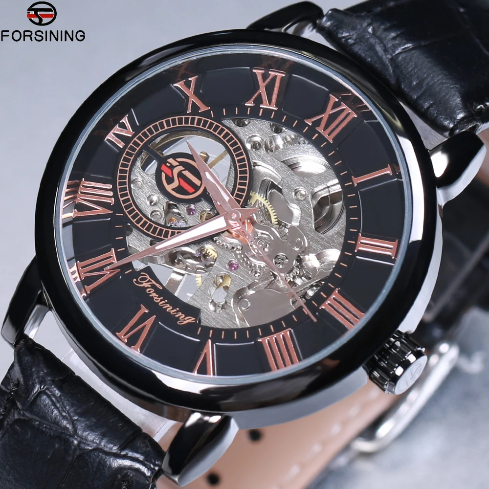 

Forsining Men Watches Top Brand Luxury Mechanical Skeleton Watch Black Golden 3D Literal Design Roman Number Black Dial Designer