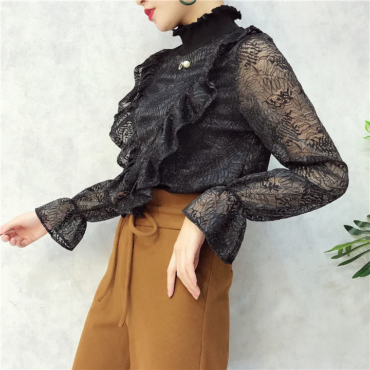 ALPHALMODA V-Ruffled стоячий воротник, украшенный бисером, женские изящные футболки с вырезами на крючках, цветы, однотонные женские пуловеры, футболки