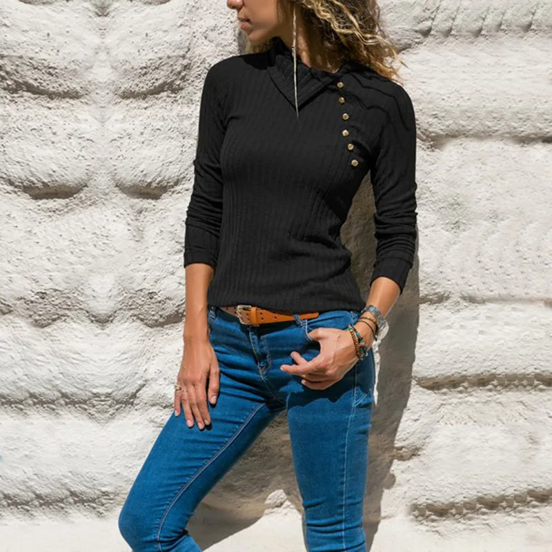 Spring 2019 Fashion Women Sweaters and Pullovers Long Sleeve Blouse Knitt Sweater Turn-down Collar Button Casual Top N410 | Женская