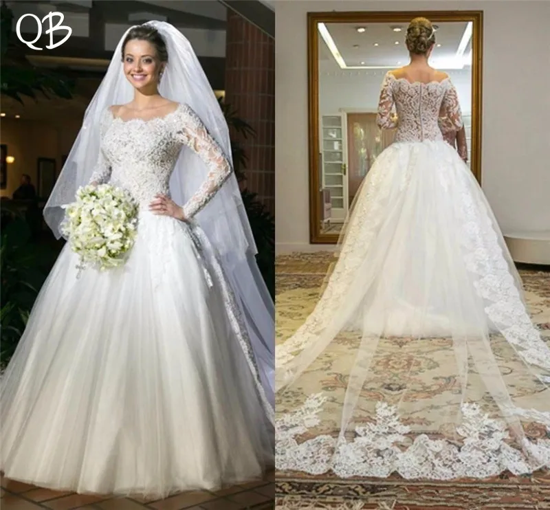 

Custom Made Wedding Dresses 2019 A-line Long Sleeve Beading Lace Sexy Elegant Bridal Wedding Gowns Plus Size ZF26