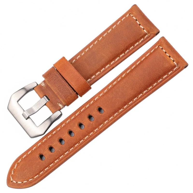 Brown Silver Buckle Ремешки для наручных часов из натуральной кожи, аксессуары для часов для женщин и мужчин, синий, желтый, красный, коричневый, Воловья кожа, ремешок для часов 20, 22, 24, 26 мм, браслет - Цвет ремешка: Brown Silver Buckle