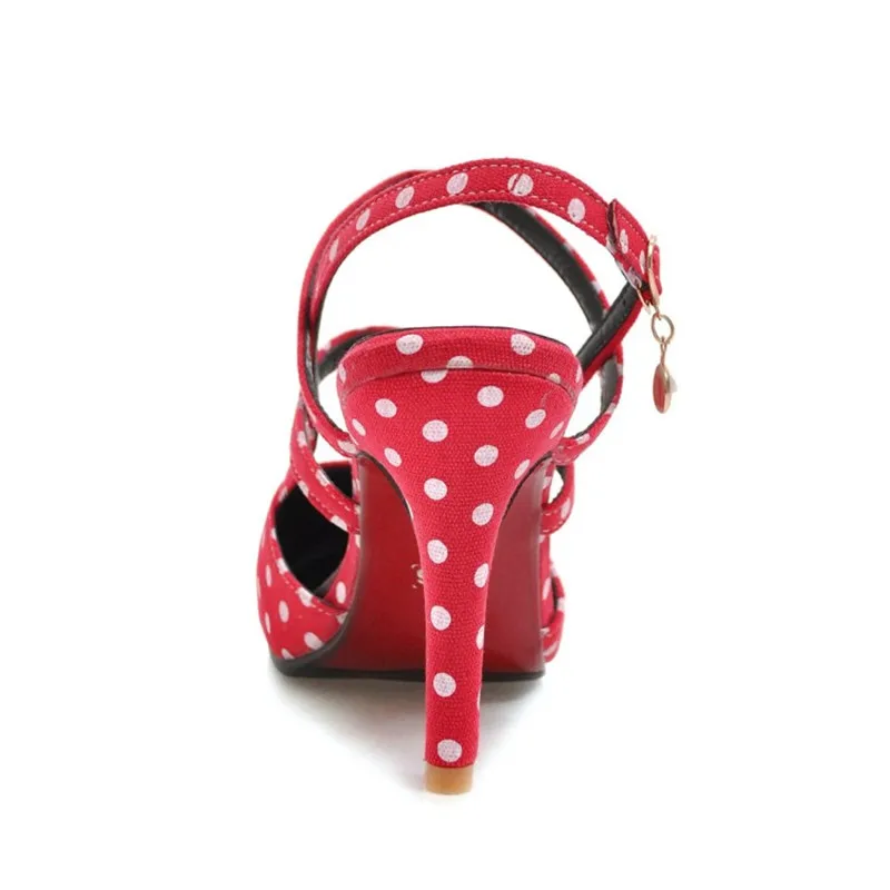 Женские летние туфли в горошек с острым носком на тонком каблуке резиновой