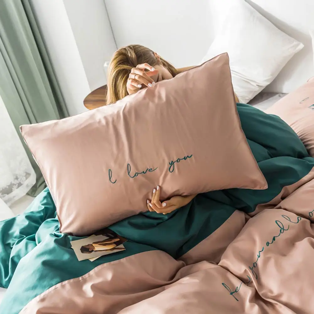 Nordic Light Green Dark INS Embroidery Bedlinens Artificial Silk Satin Duvet Cover Set Queen King Bedsheet Bedding Set
