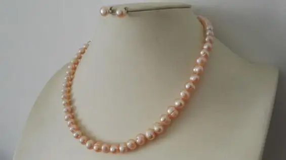 Charming Natural Pearl Jewellery Set Pink Color 7-8mm Real Freshwater Necklace Earrings New Free Shipping | Украшения и