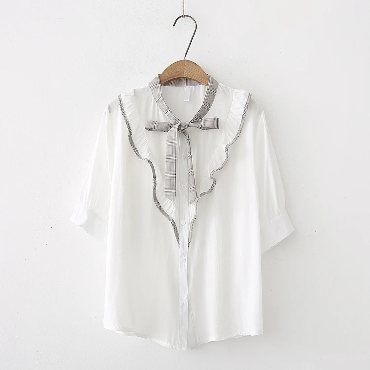 ruffled patchwork sash bow stand collar short sleeve shirt blouse mori girl 2018 summer |