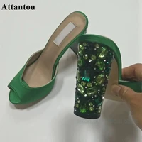 chic designer peep toe slip on women slippers bling bling diamond chunky heeled shallow colorful rhinestone slides sandals shoes