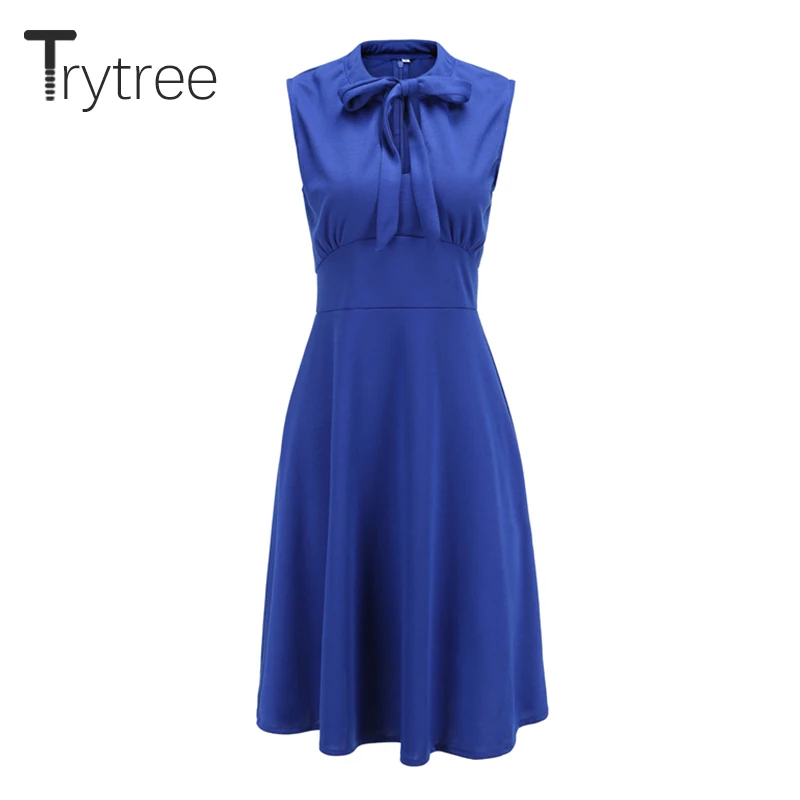Trytree летнее осеннее платье повседневное одноцветное женское без рукавов с бантом
