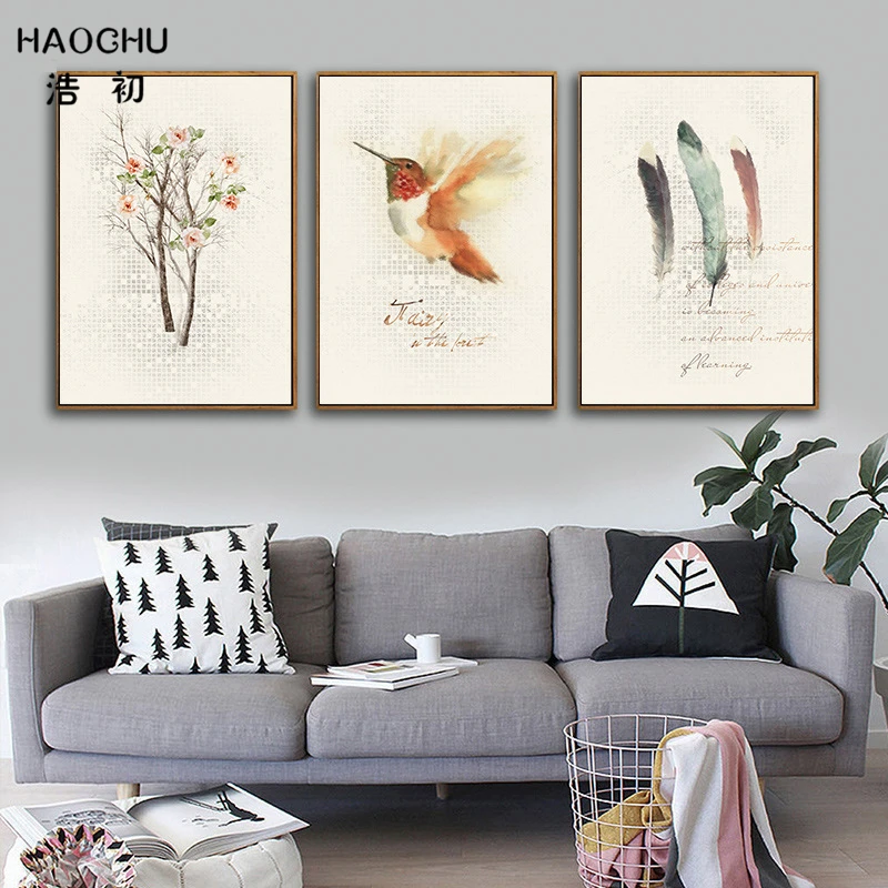 HAOCHU Triptych Vintage Flowers And Birds Canvas Painting Antique Wall Picture Pastoral Rural Home Decor Posters No Frame | Дом и сад