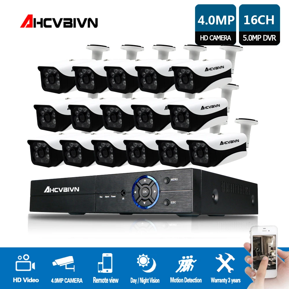 AHCVBIVN 16CH 5MP AHD DVR комплект камер видеонаблюдения System 16PCS 4.0MP камеры безопасности IP66