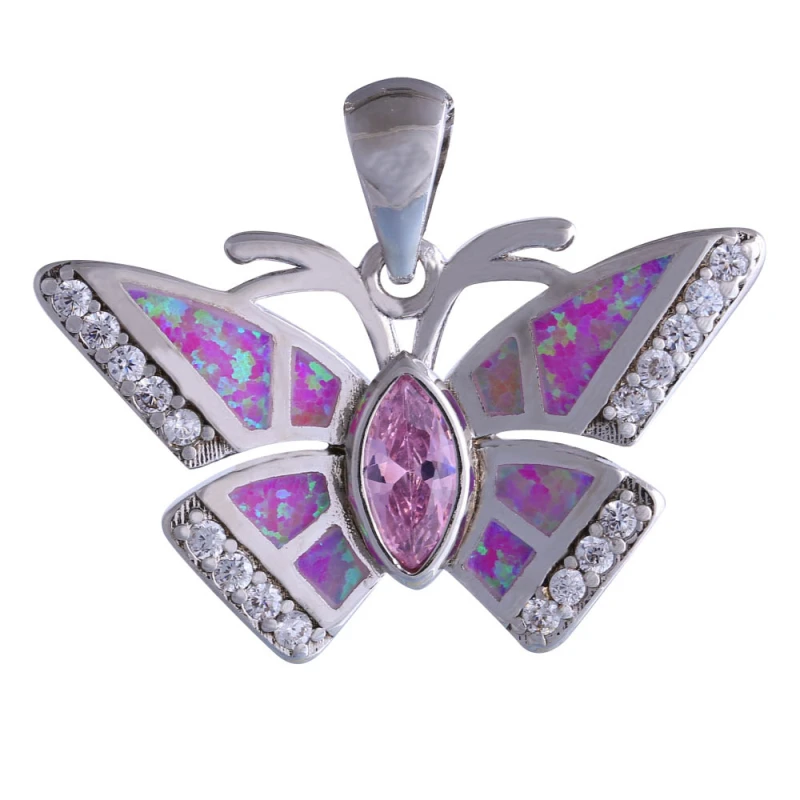 

High Quality Suppliers Silver Color Jewelry Butterfly Pink Stone Pink Fire Opal Pendant For Women P182