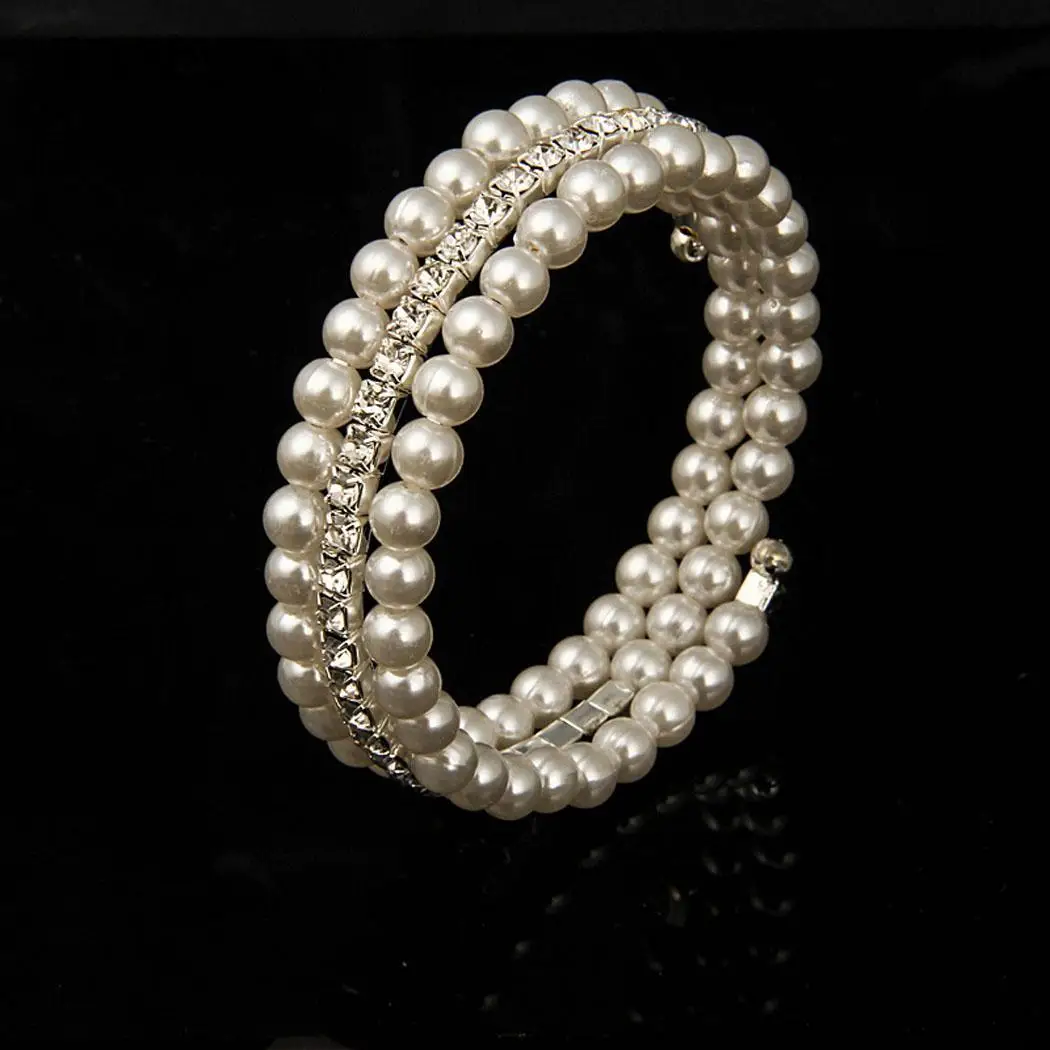 Multilayer Women Fashion Faux Pearl Rhinestone New Open Bangle Bracelet | Украшения и аксессуары