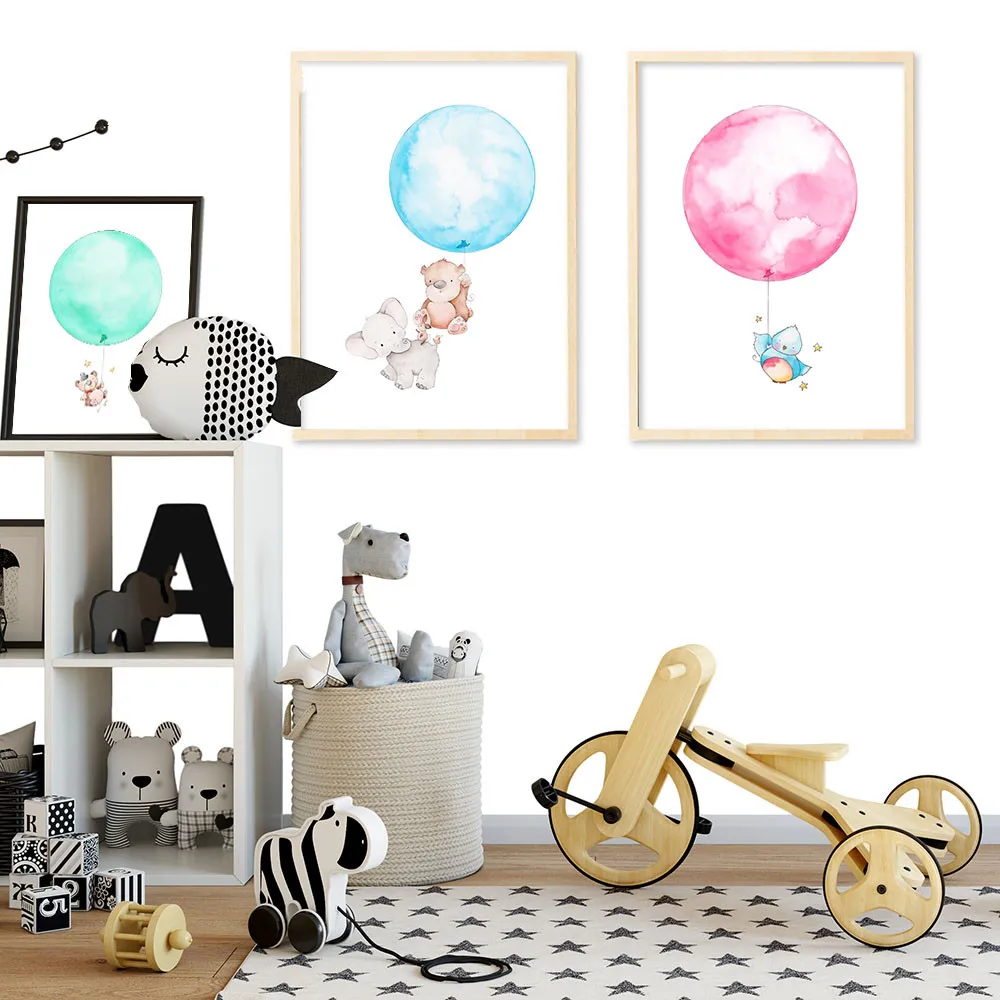 Gohipang Watercolor Balloon Bear Elephant Cartoon Poster Print Minimalist Painting Wall Art canvas Picture Nordic Style Kids | Дом и сад