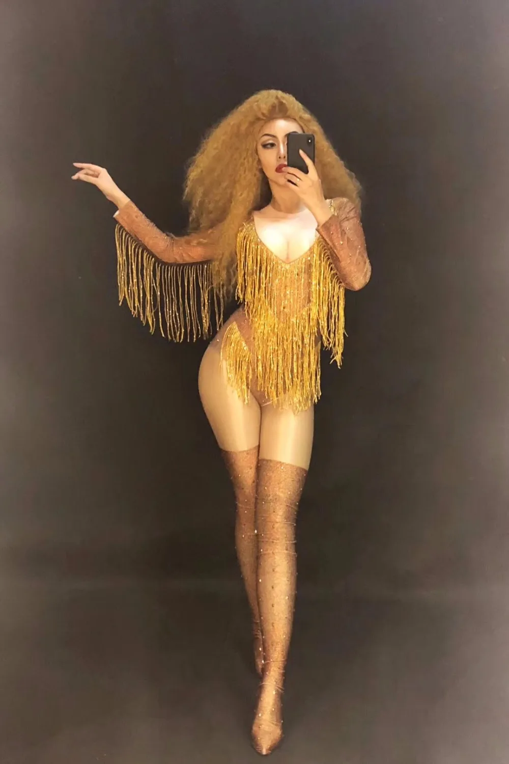 Hot Sale Women Sexy Stage Gold Tassel Dj Bodysuit Stage Wear Dancer Singer Bling Costumes Nightclub Party Performance Show Dance Costumes