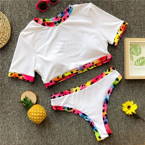 Colorful Rim Bikini Сексуальный ретро Белый короткий топ с окантовкой женский купальник с рукавами микро стринги с высокой талией женский купальник бикини - Цвет: Colorful Rim Bikini