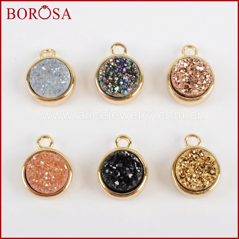 

BOROSA Gold Color Bezel Round Rainbow Drusy Crystal Stone Titanium Druzy Charm Bead Pendant for Necklace Making ZG0151