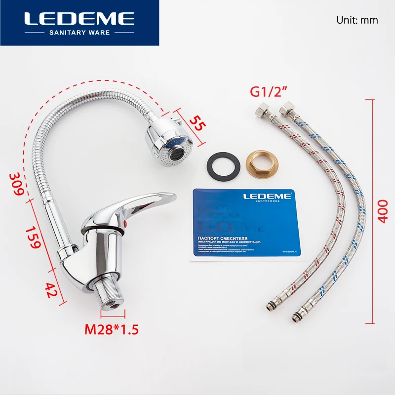 LEDEME Смеситель для кухни с губким изливом силумин Цвет: хром  L4302 B|kitchen faucet|brass