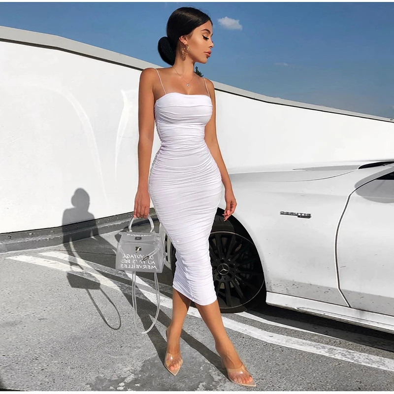 White Colysmo 2 Layers Bodycon Women Dress Summer Pleated Long Dress Woman Party Night Slim Fit Sexy Dress Maxi Pink White Robe - Цвет: White
