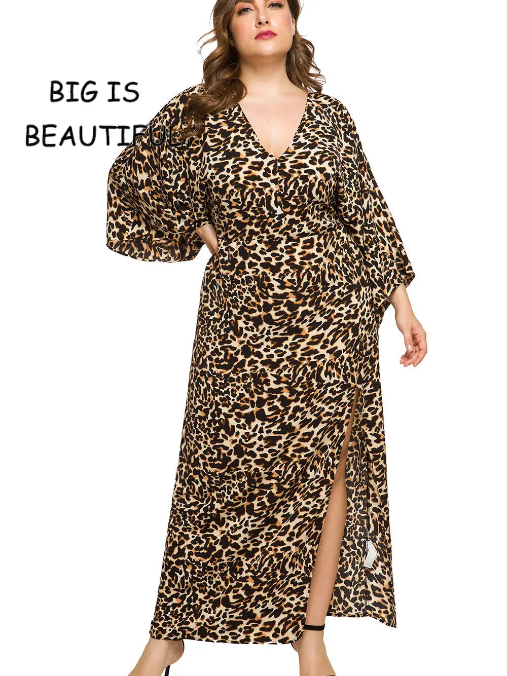 Plus Size Women Maxi Leopard Print Batwing Sleeve Dress Ladies Summer Long Large Vent Dresses Female 6xl Ankle Length | Женская одежда
