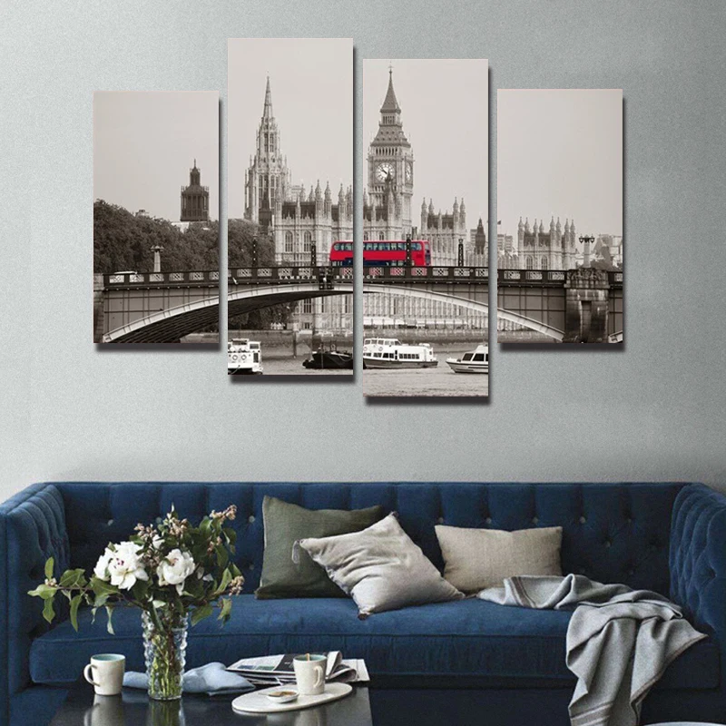

4 Piece London Red Bus Canvas Print Oil Painting Home Decor Wall Art Picture For Living Room(No Frame)
