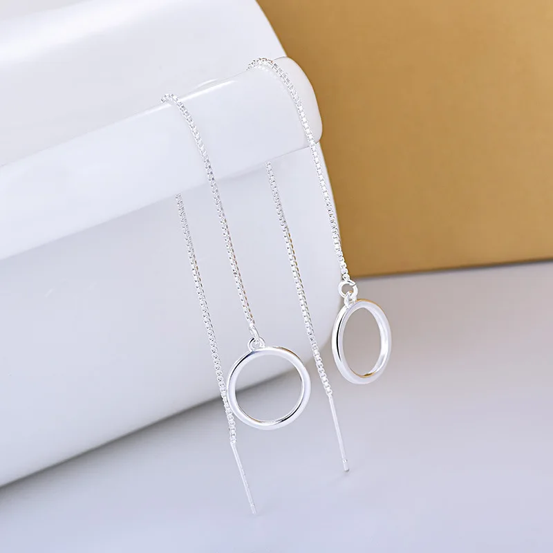 925 Sterling Silver Long Chain Earrings Simple Round Circle Tassel | Украшения и аксессуары