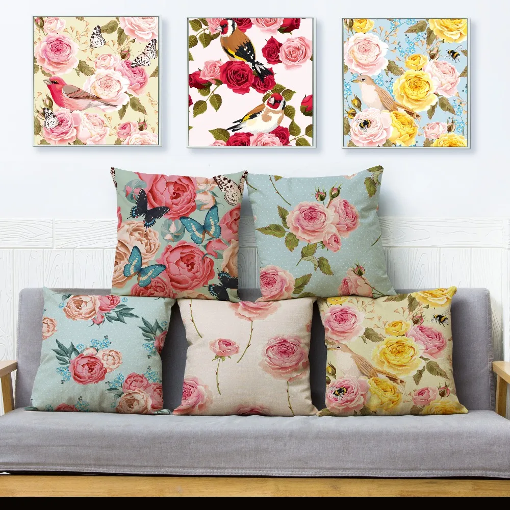 Чехол для подушки в нордическом простом стиле с изображением розовых роз птиц и