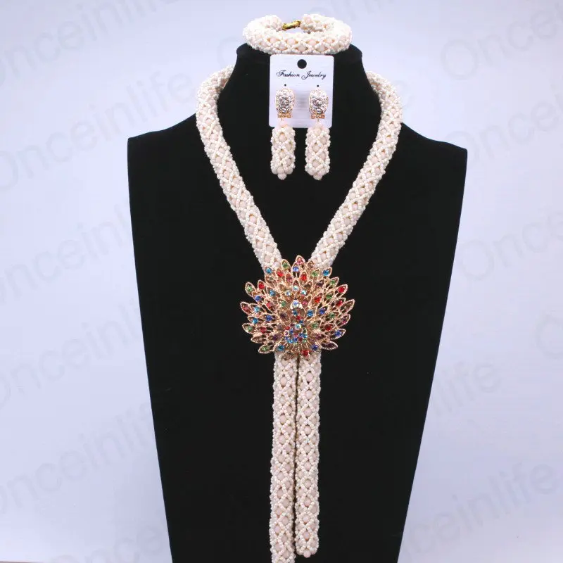 2017 бежевый нигерийские Свадебные африканские бусы Ювелирные наборы костюм