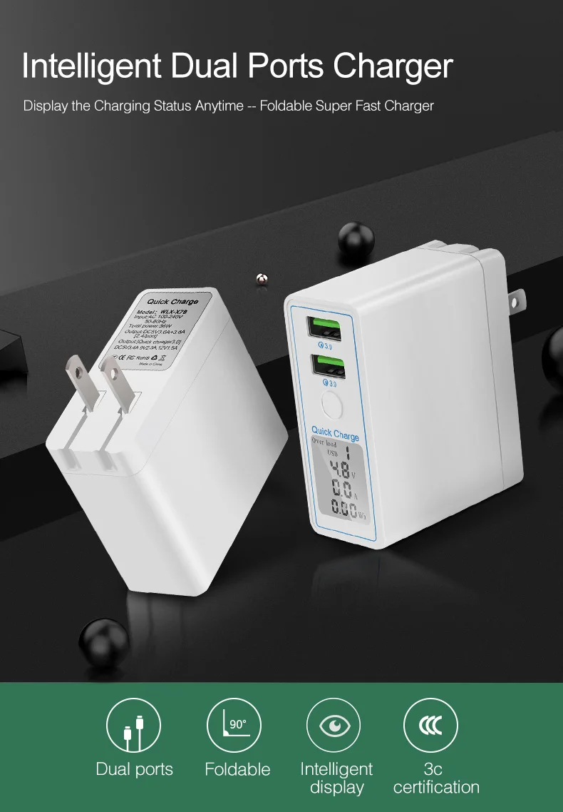 Быстрая зарядка 3,0 USB зарядное устройство со светодиодным дисплеем, 36 Вт QC 3,0 настенное зарядное устройство адаптер Быстрая зарядка для iPhone, ipad, samsung, Xiaomi