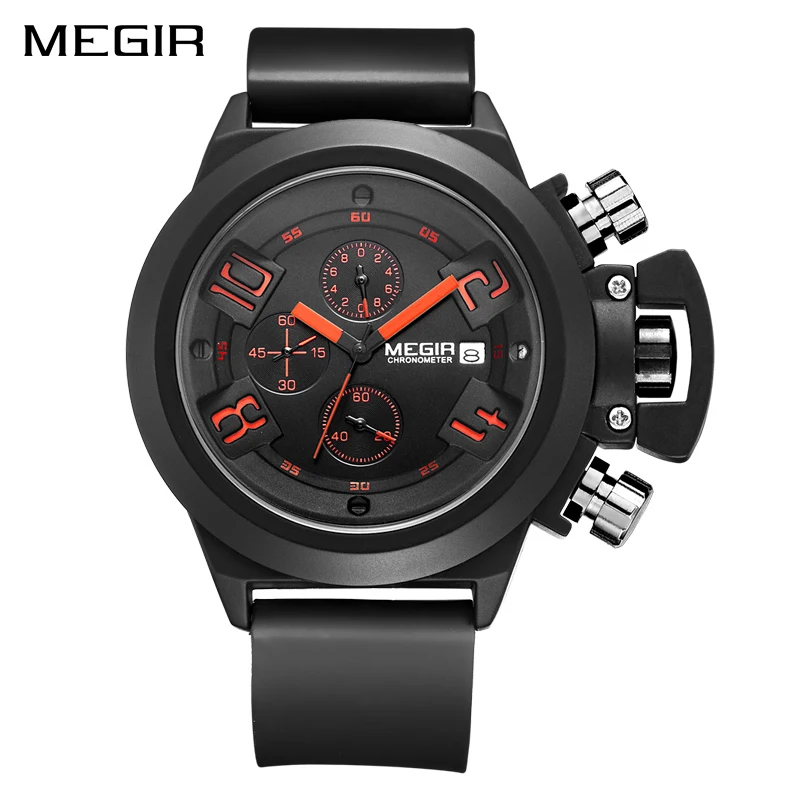 Black MEGIR Big Dial Fashion Men's Military Sports Watches Waterproof Silicone Strap Casual Quartz Wrist Watch Male Relogio Masculino - Цвет: Black