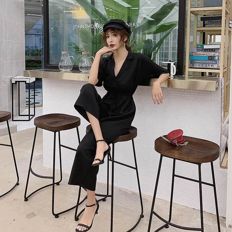 Full Length Jumpsuit Новое поступление, женский комбинезон с высокой талией, на шнуровке, короткий рукав, Ретро стиль, элегантный черный комбинезон с широкими штанинами, с поясом, S96101F - Цвет: Full Length Jumpsuit