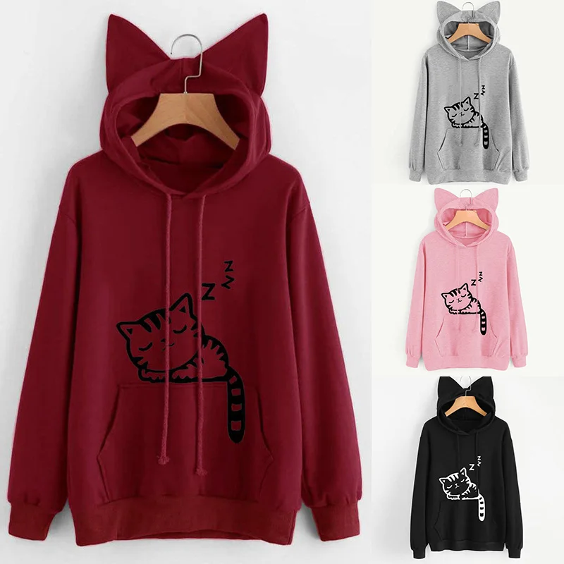 Осень-зима, женские толстовки с капюшоном, Kawaii, кошачьи ушки, свободные, Повседневная Уличная одежда, длинный рукав, теплая верхняя одежда, пуловер, толстовки