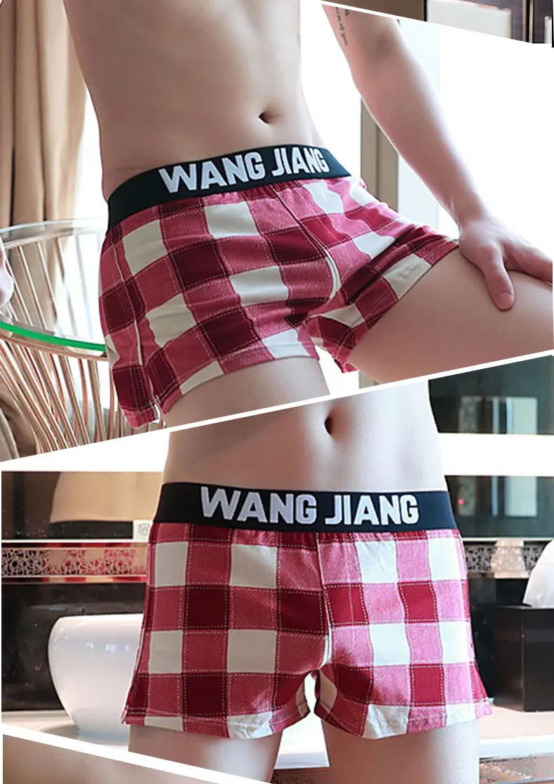 Wang Jiang Mens Sexy Pajamas Plaid Men Boxer Shorts Cotton Underwear Male Sleepwear Woven Free Panties Family Penis Bag Loose