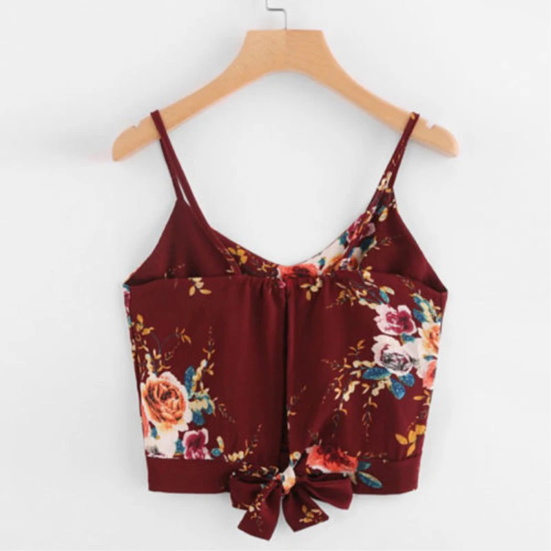 wine red flower Полосатый сплит-галстук сзади короткий топик на бретельках Топ Женский Повседневный Спагетти ремень бант Топ жилет Лето узел пляж обрезанный жилет - Цвет: wine red flower