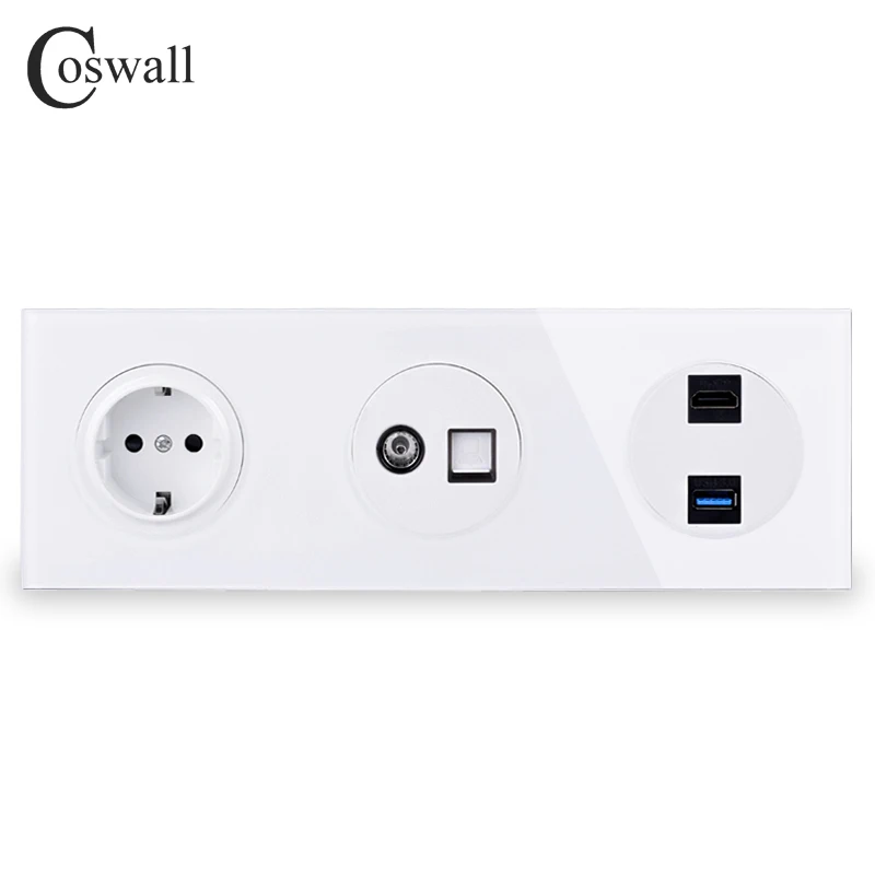 Coswall кристалл стеклянная панель настенная розетка ЕС розетка питания+ женский ТВ разъем с CAT5E RJ45 Интернет-розетка+ HDMI 2,0 USB 3,0 порт - Тип: White