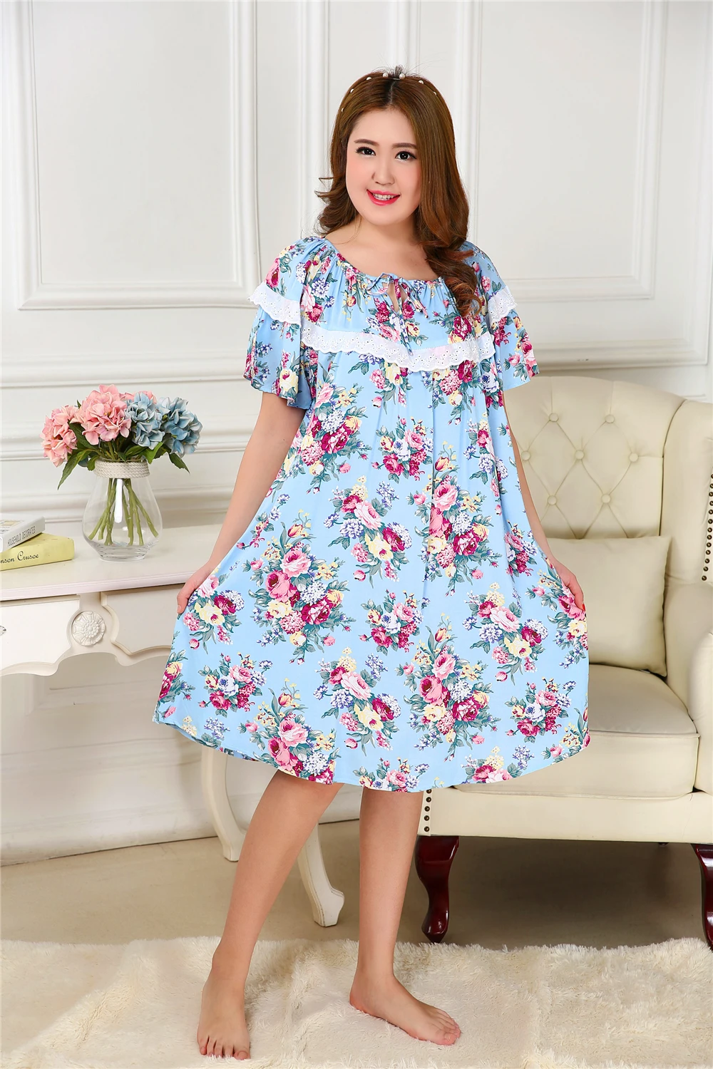 Женские летние Sleepdress плюс Размеры женский хлопок Sleepwea для жира взрослых Для Женщин Сплетенные Хлопок Homedress 4XL 5XL B-6684
