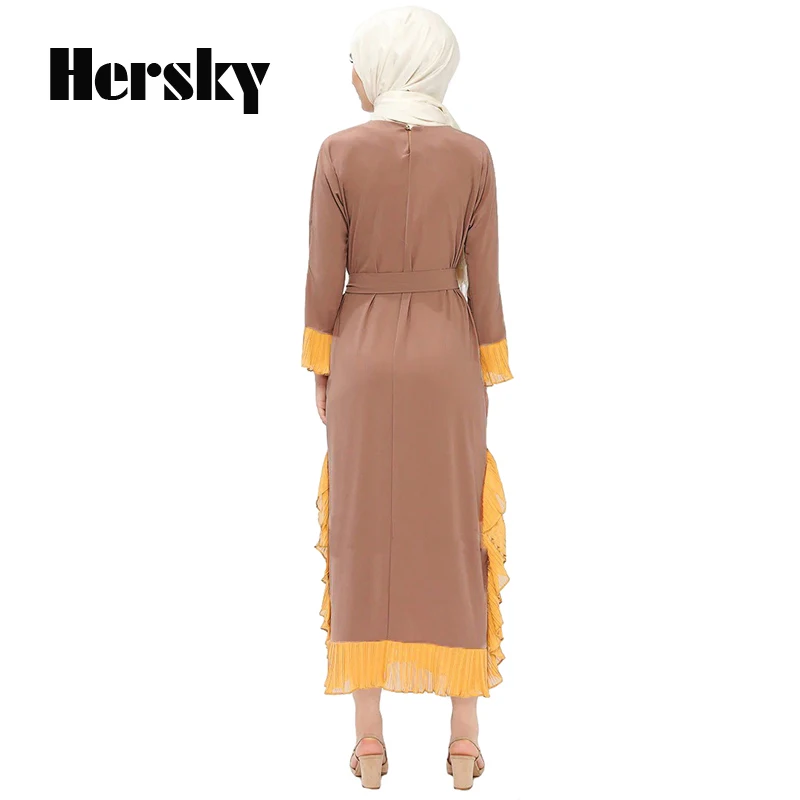 Мода Falbala сшивание мусульманская леди платье Дубая Турецкая женская одежда Caftan