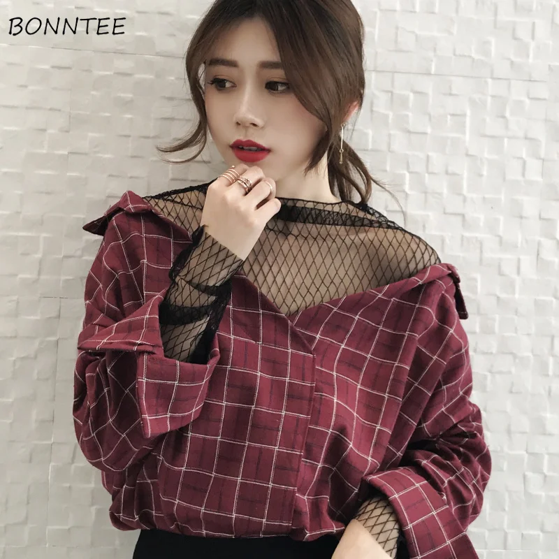 

Shirts Women Korean Chic Trendy Loose Mesh Patchwork Womens Plaid Retro V-Neck Female Temperament All-match Fashion Casual Daily