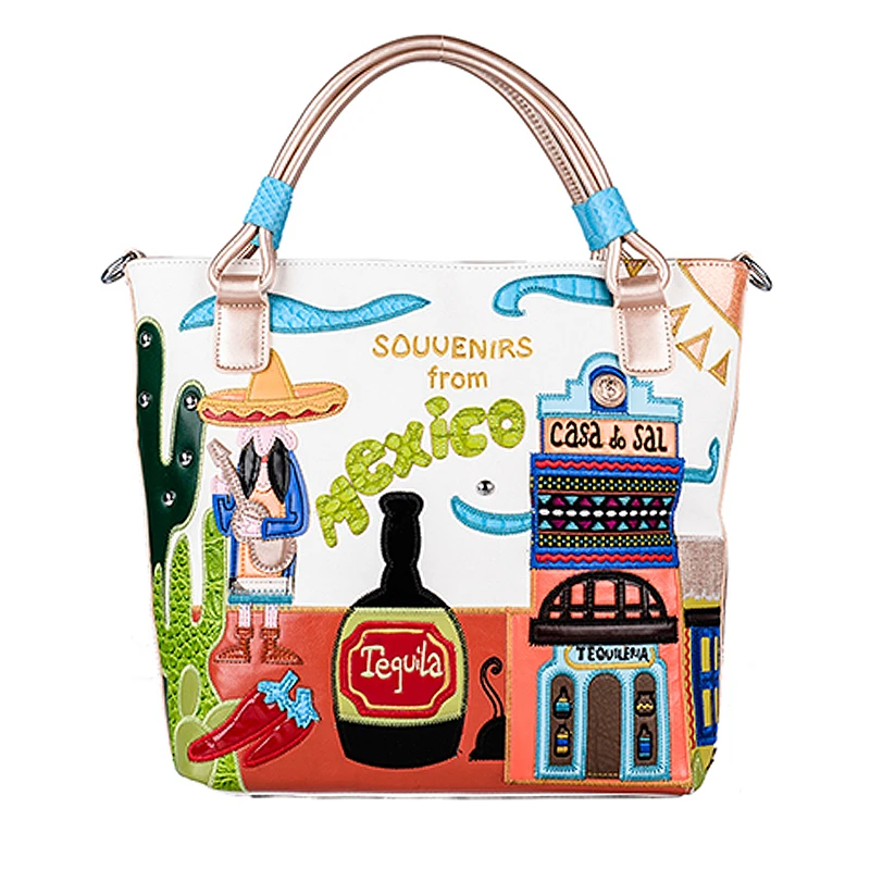 Women Shoulder Bags Leather Patchwork Embroidery Messenger Bag Handbags Totes Braccialini Brand Style Cartoon Souvenirs Mexico | Багаж и