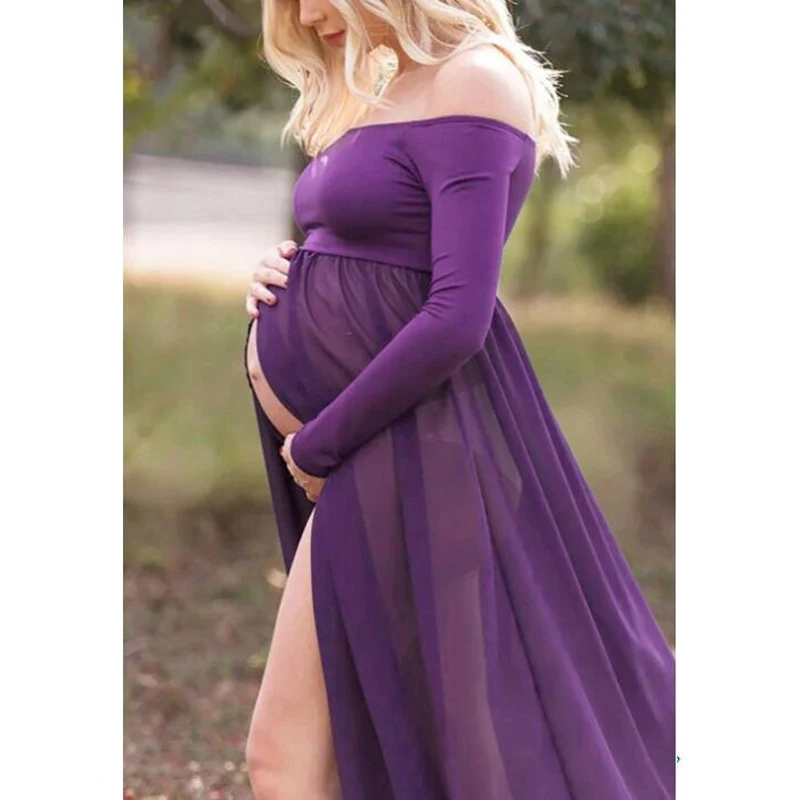 

Shoulderless Lace Long Maternity Dresses For Photo Shoot Front Opening Maternity Photography Props Dresses For Pregnant Women