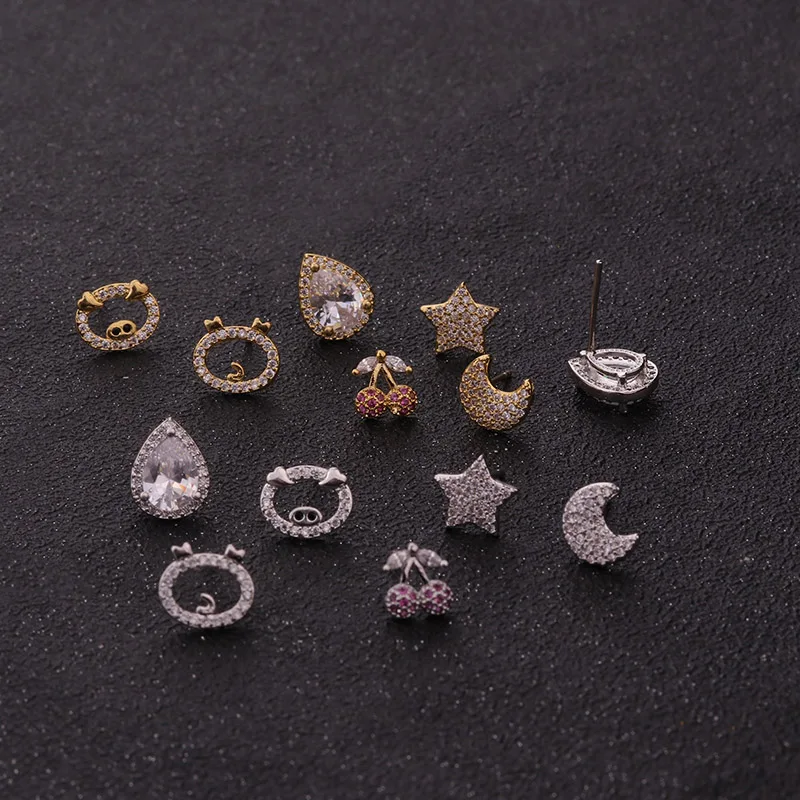 Серьги гвоздики Sellsets с фианитами изящная серьга серебряная и Золотая Звезда Луна