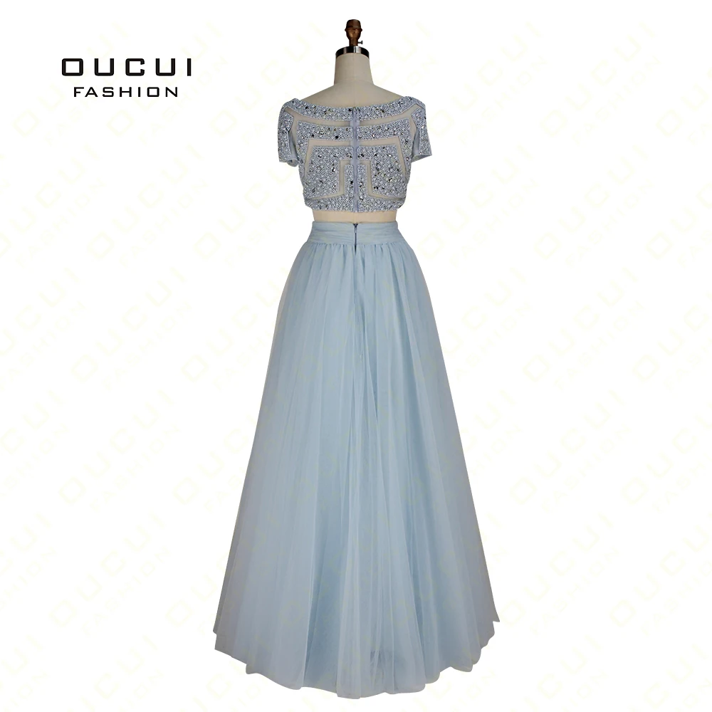 Real Photos Two Piece Beading Handwork Tulle Fabric Pearl Crystal Party prom Evening Long Dresses New see through back OL102908 | Свадьбы и
