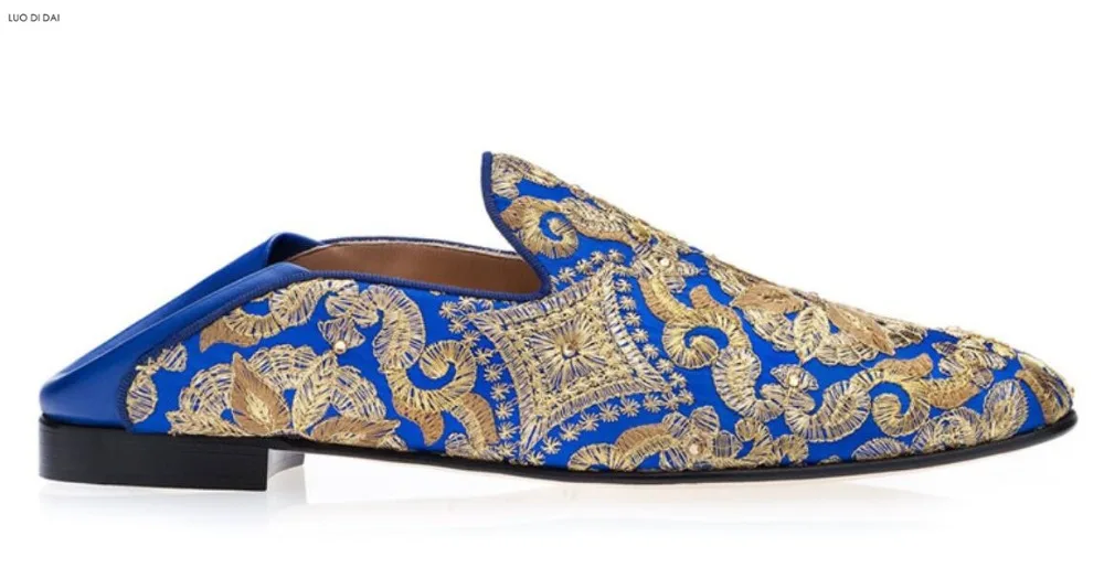 2019 Royal Men party shoes blue casual flowers embroidery lazy vintage style Boat slip on smoking loafers | Обувь