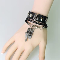 12 pieceslot men silver color skeleton pendant charm leather bracelets multilayer cross statement wristband chain women jewelry